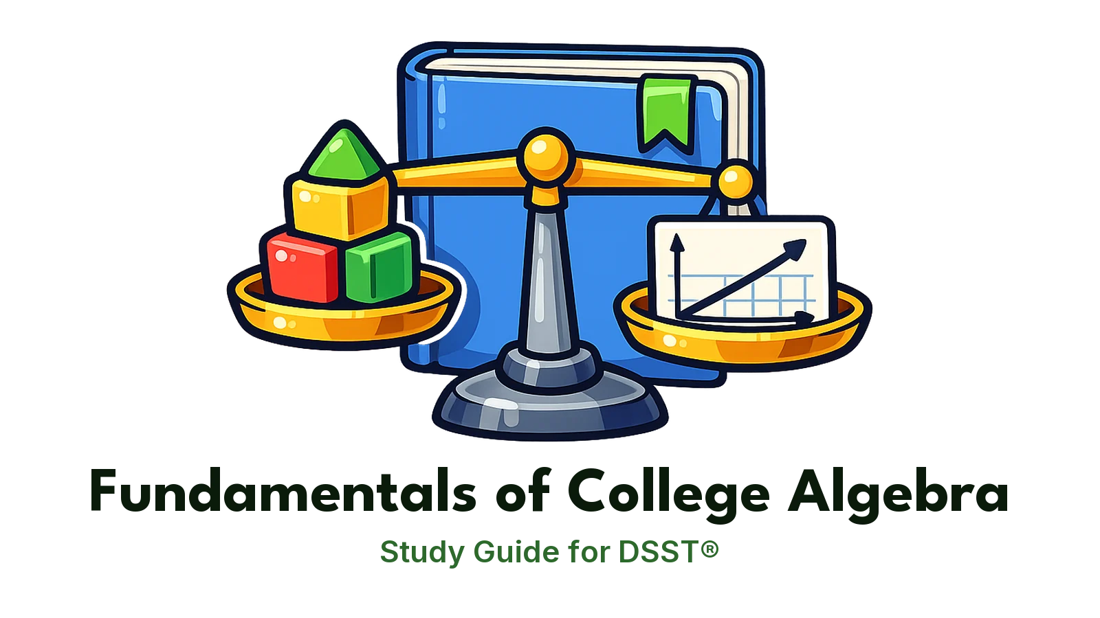 DSST Fundamentals of College Algebra study guide: illustration of a balance scale with blocks and a line graph in front of a study booklet
