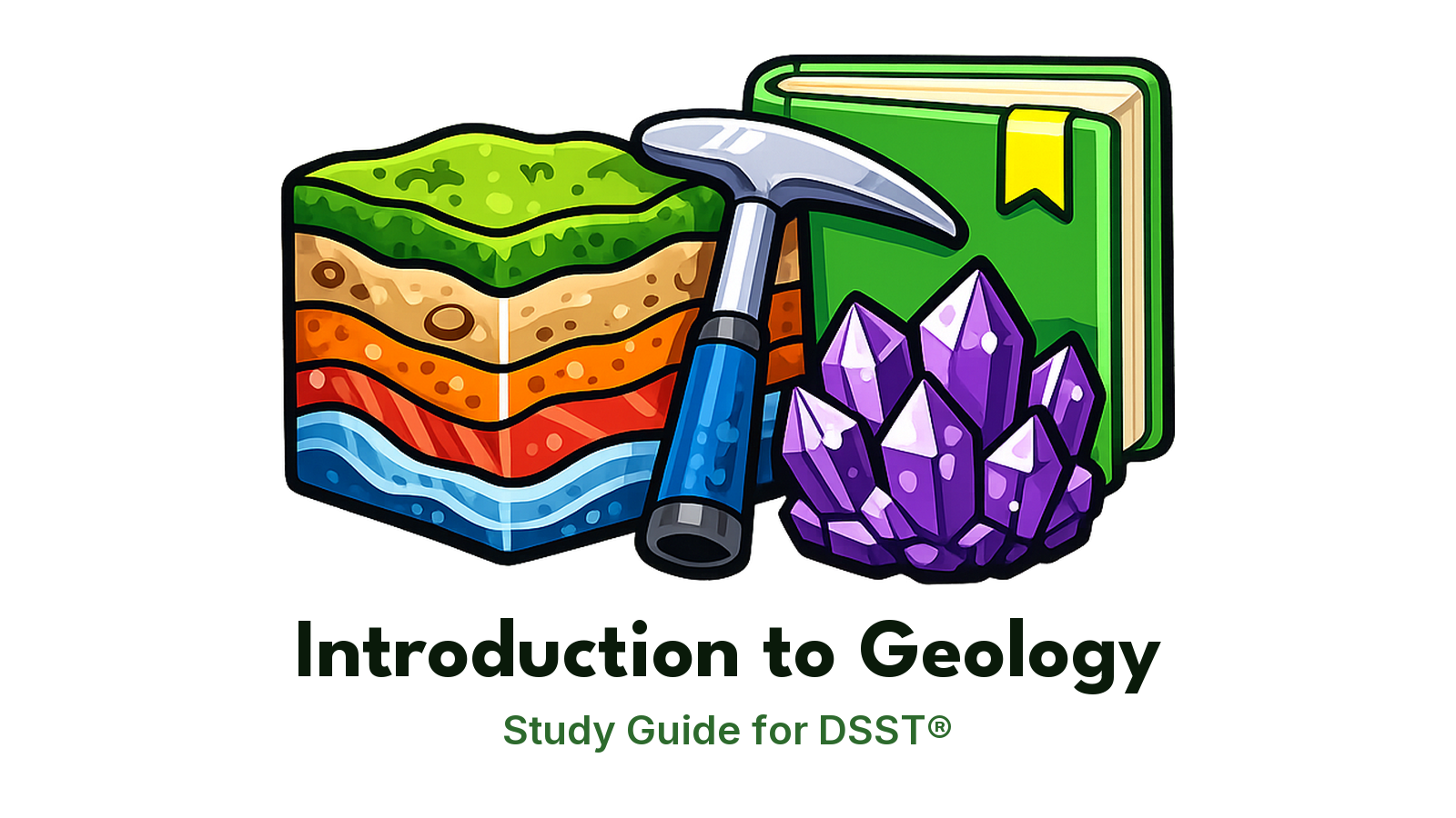 DSST Introduction to Geology study guide: illustration of rock layers, a rock hammer and a crystal in front of a study booklet