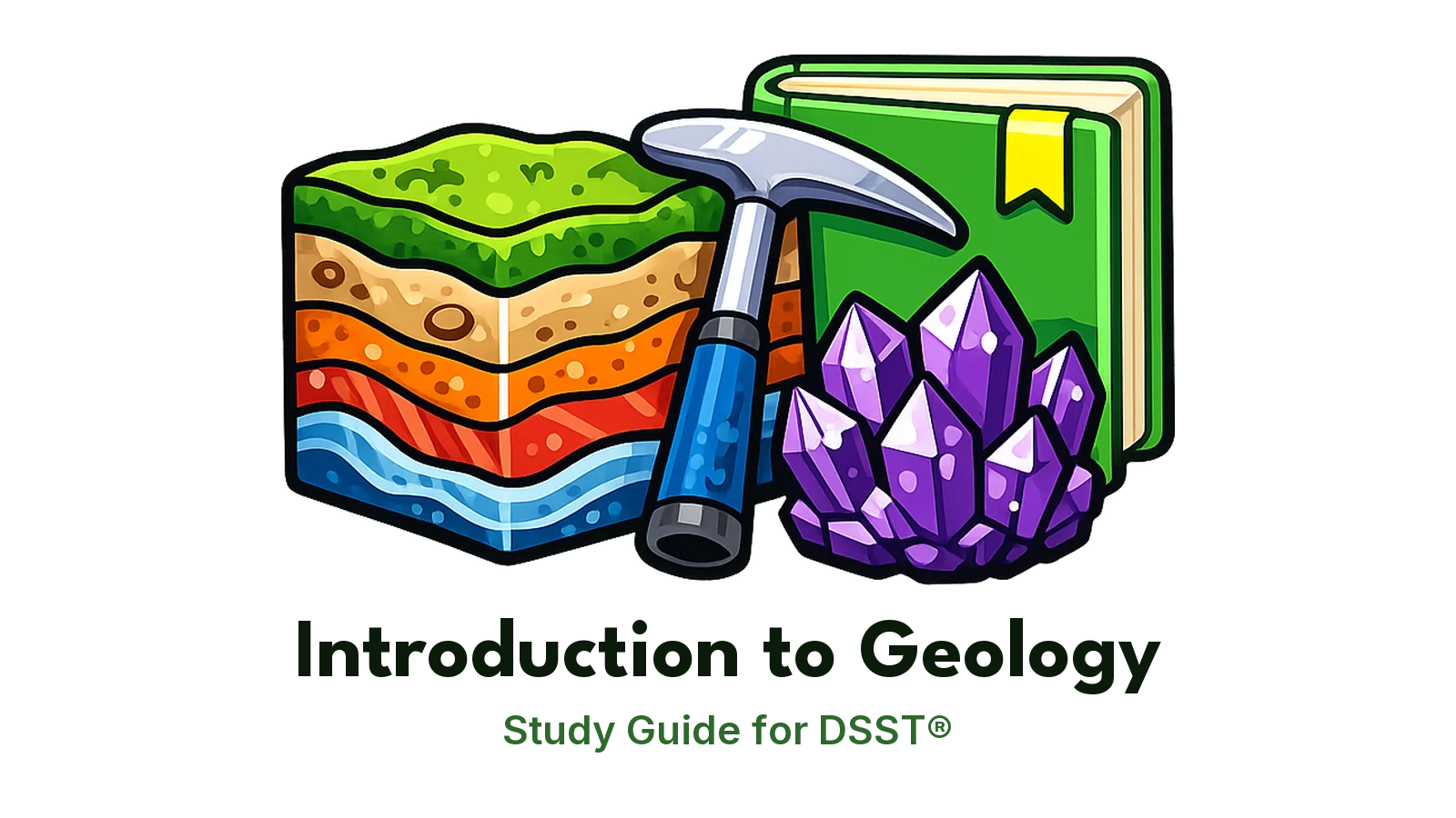 DSST Introduction to Geology study guide: illustration of rock layers, a rock hammer and a crystal in front of a study booklet