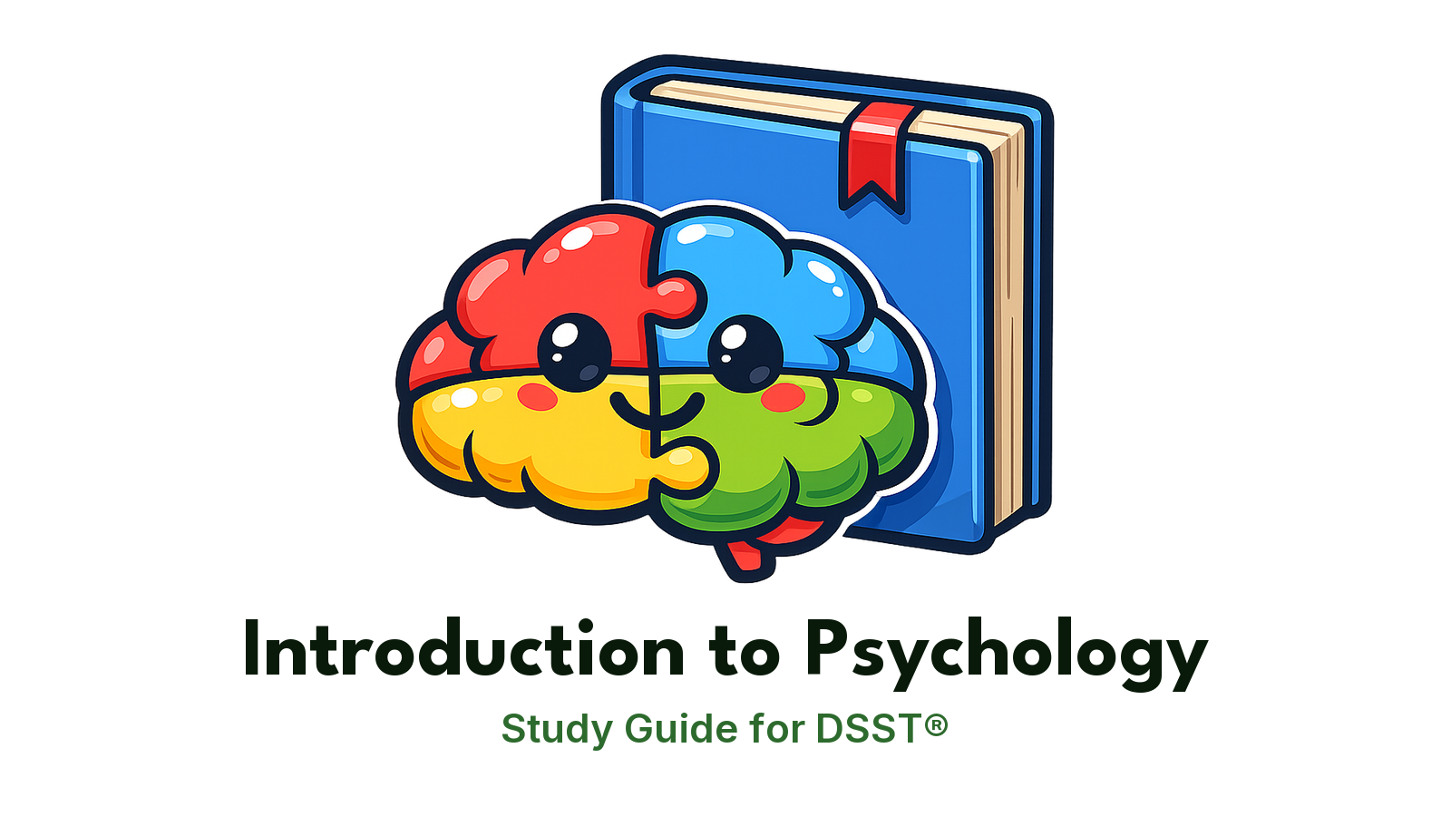 DSST Introduction to Psychology study guide: illustration of a brain made of puzzle pieces in front of a study booklet