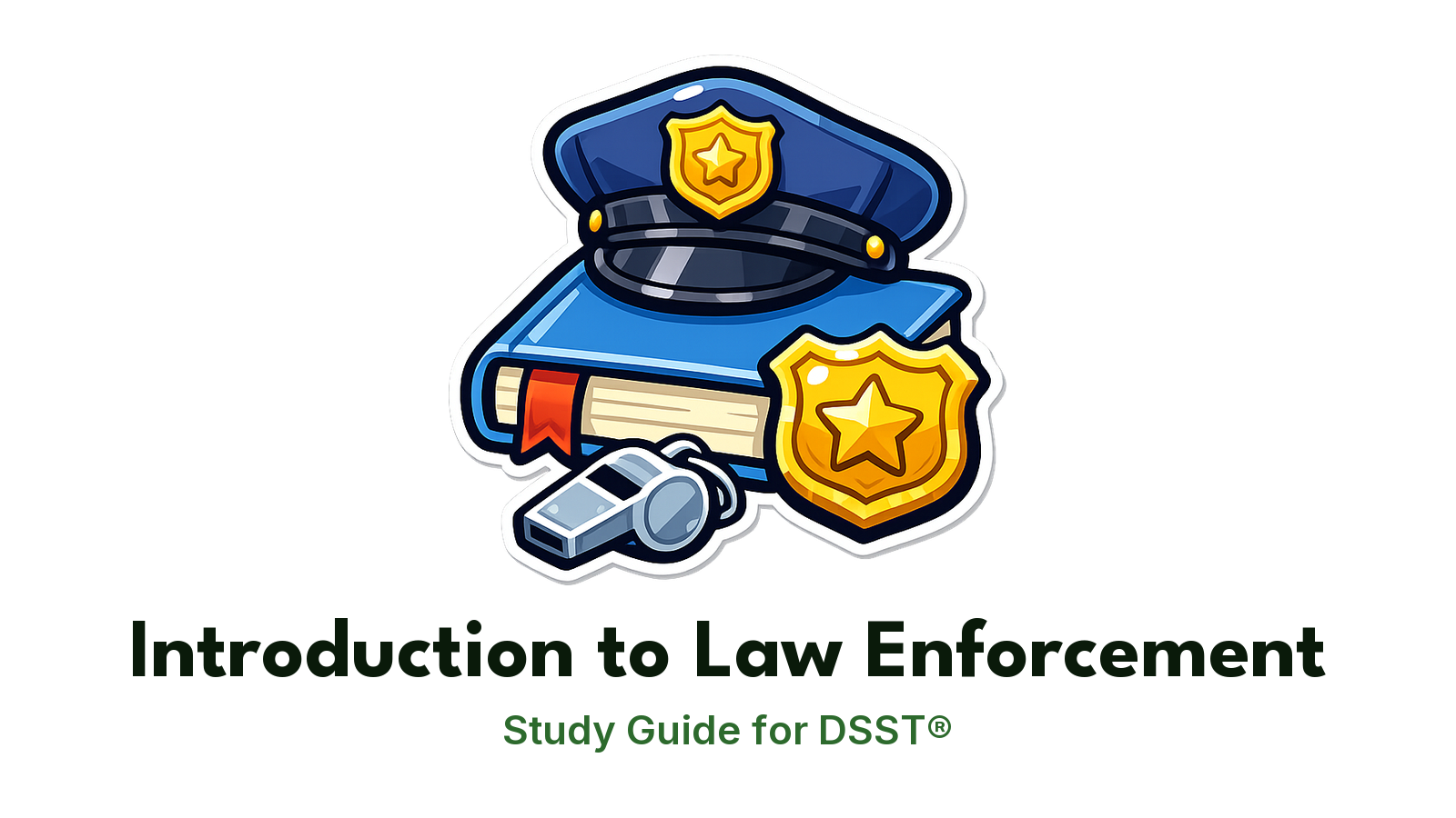 DSST Introduction to Law Enforcement study guide: illustration of a police cap, a badge and a whistle in front of a study booklet