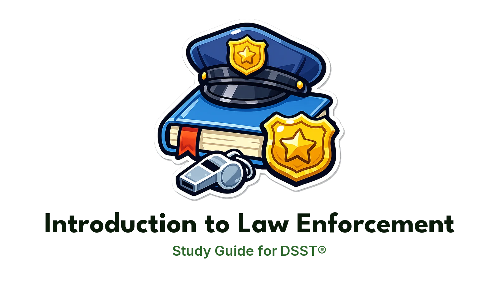 DSST Introduction to Law Enforcement study guide: illustration of a police cap, a badge and a whistle in front of a study booklet