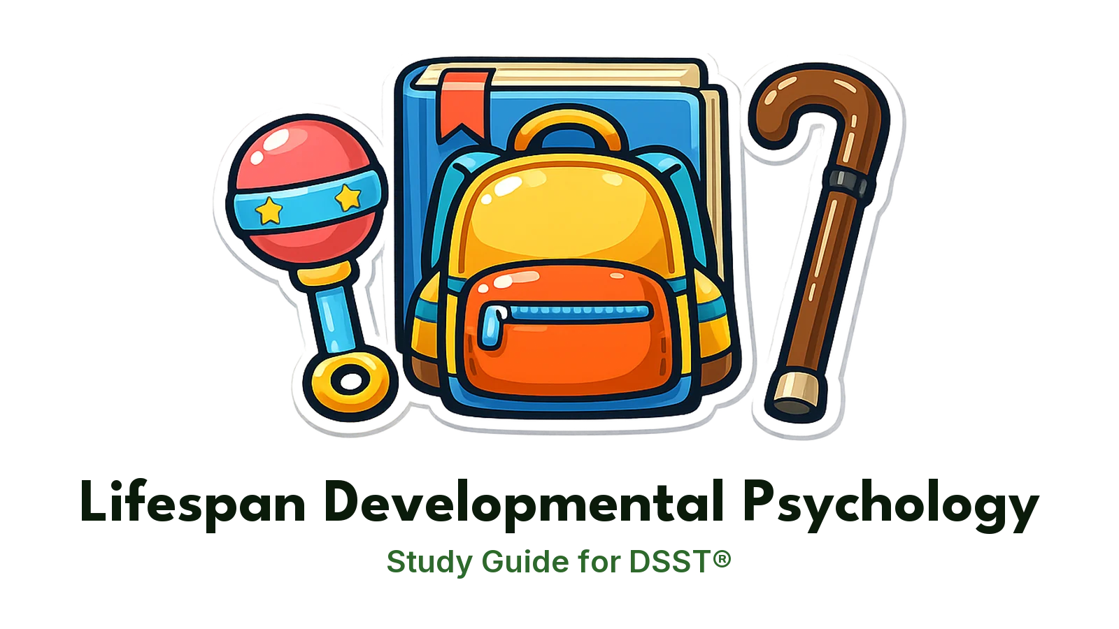 DSST Lifespan Developmental Psychology study guide: illustration of a rattle, a backpack and a cane in front of a study booklet