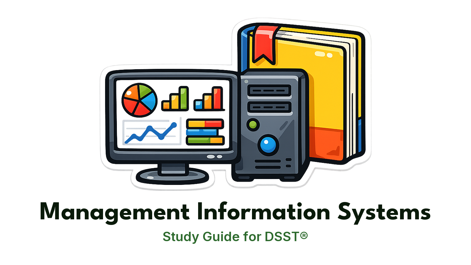 DSST Management Information Systems study guide: illustration of a dashboard screen and a server in front of a study booklet