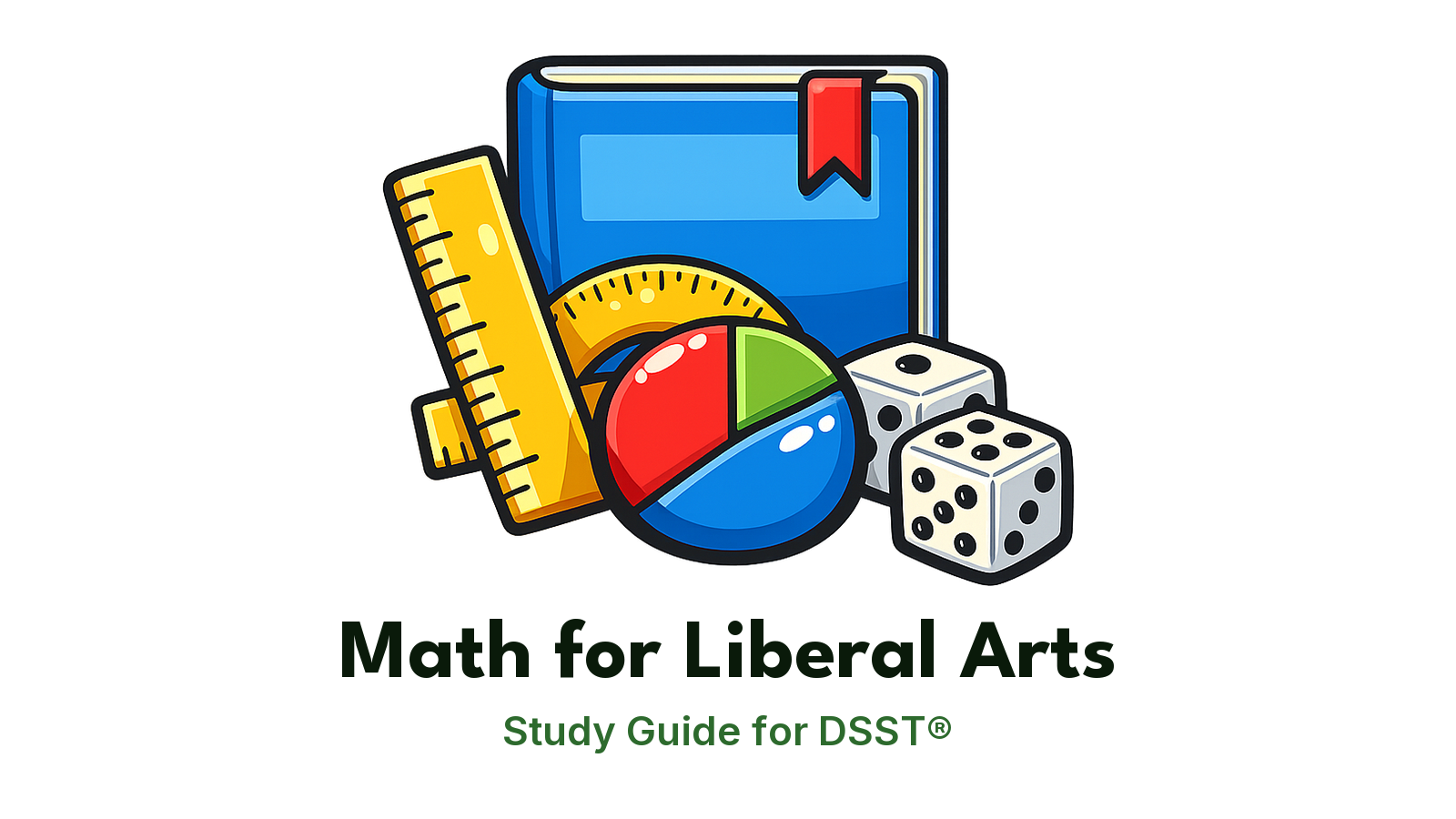 DSST Math for Liberal Arts study guide: illustration of a ruler, a protractor, a pie chart and dice in front of a study booklet