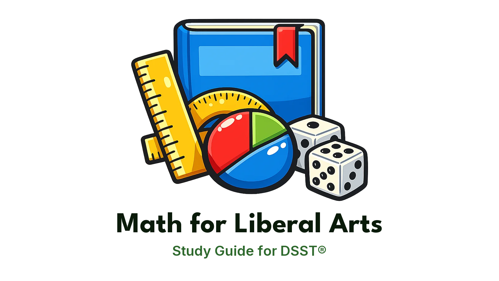 DSST Math for Liberal Arts study guide: illustration of a ruler, a protractor, a pie chart and dice in front of a study booklet
