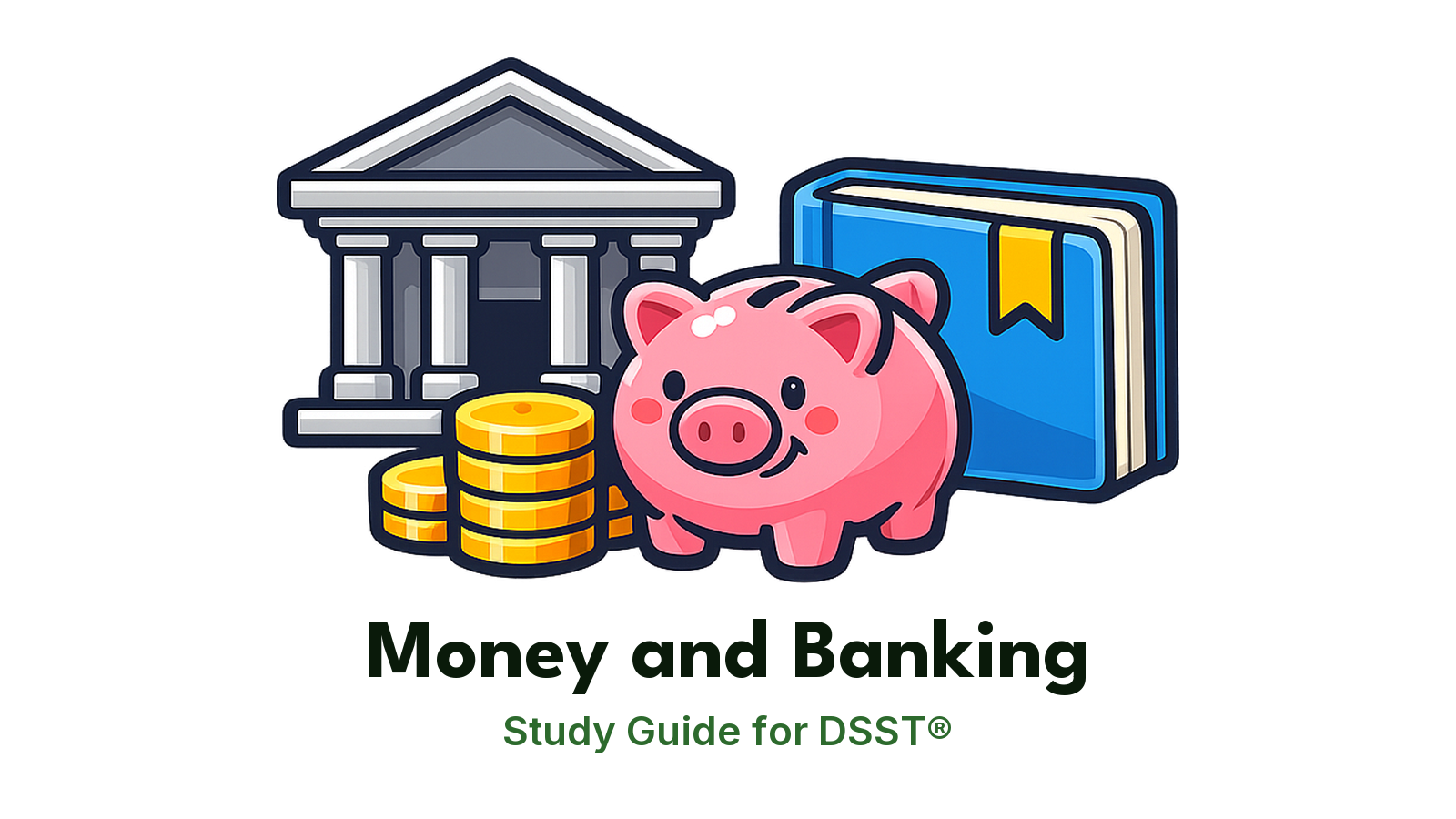 DSST Money and Banking study guide: illustration of a bank building, a piggy bank and coins in front of a study booklet