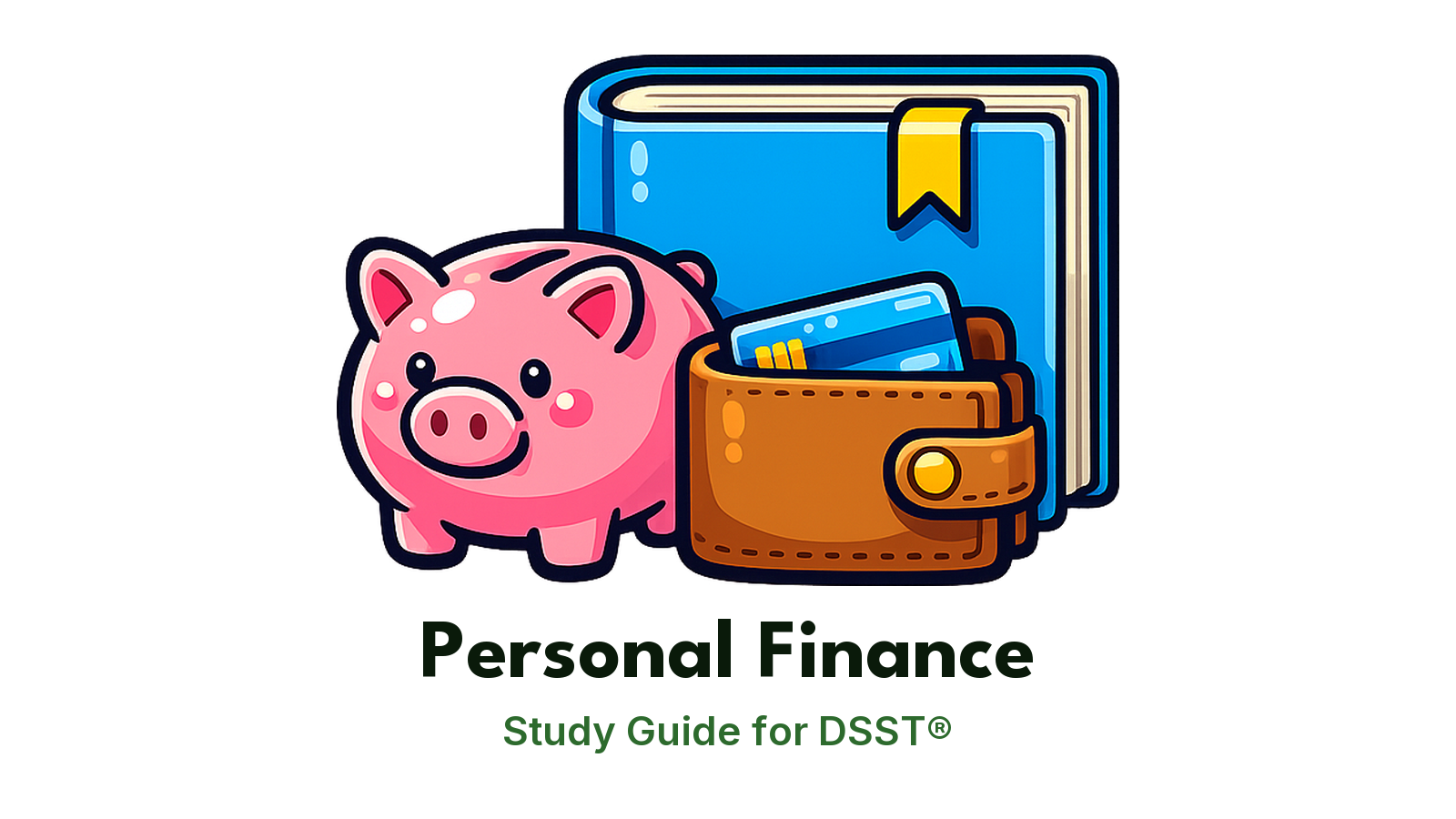 DSST Personal Finance study guide: illustration of a piggy bank, a wallet and a credit card in front of a study booklet