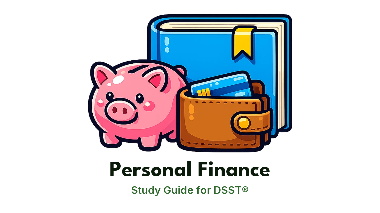 DSST Personal Finance study guide: illustration of a piggy bank, a wallet and a credit card in front of a study booklet