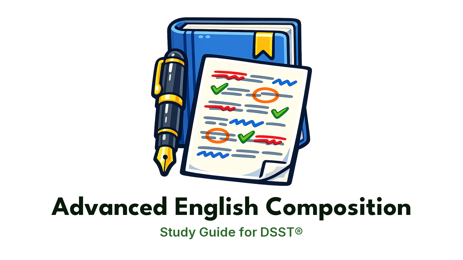 DSST Advanced English Composition study guide: illustration of a fountain pen and an edited essay page in front of a study booklet