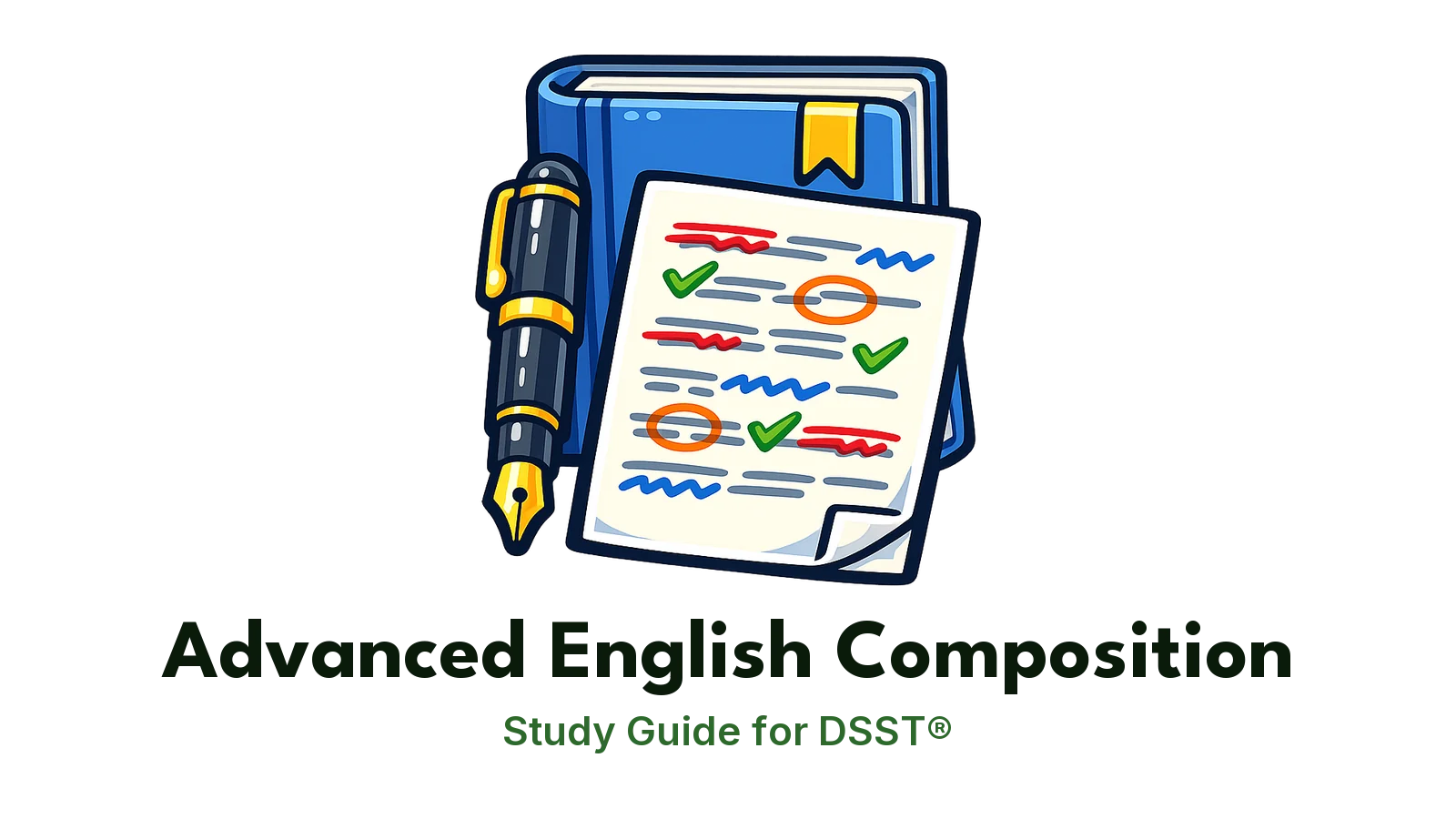 DSST Advanced English Composition study guide: illustration of a fountain pen and an edited essay page in front of a study booklet