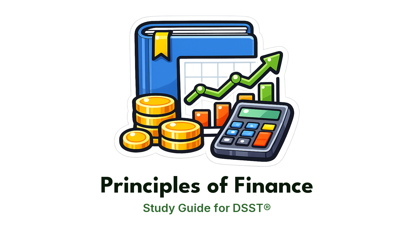 DSST Principles of Finance study guide: illustration of a rising stock chart, coins and a calculator in front of a study booklet