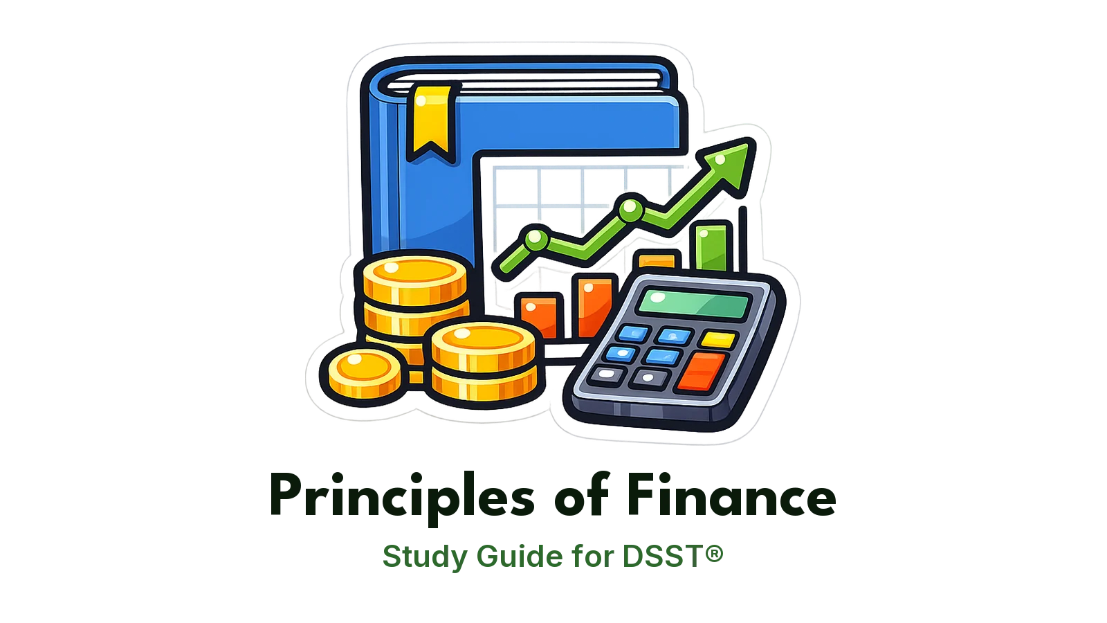 DSST Principles of Finance study guide: illustration of a rising stock chart, coins and a calculator in front of a study booklet