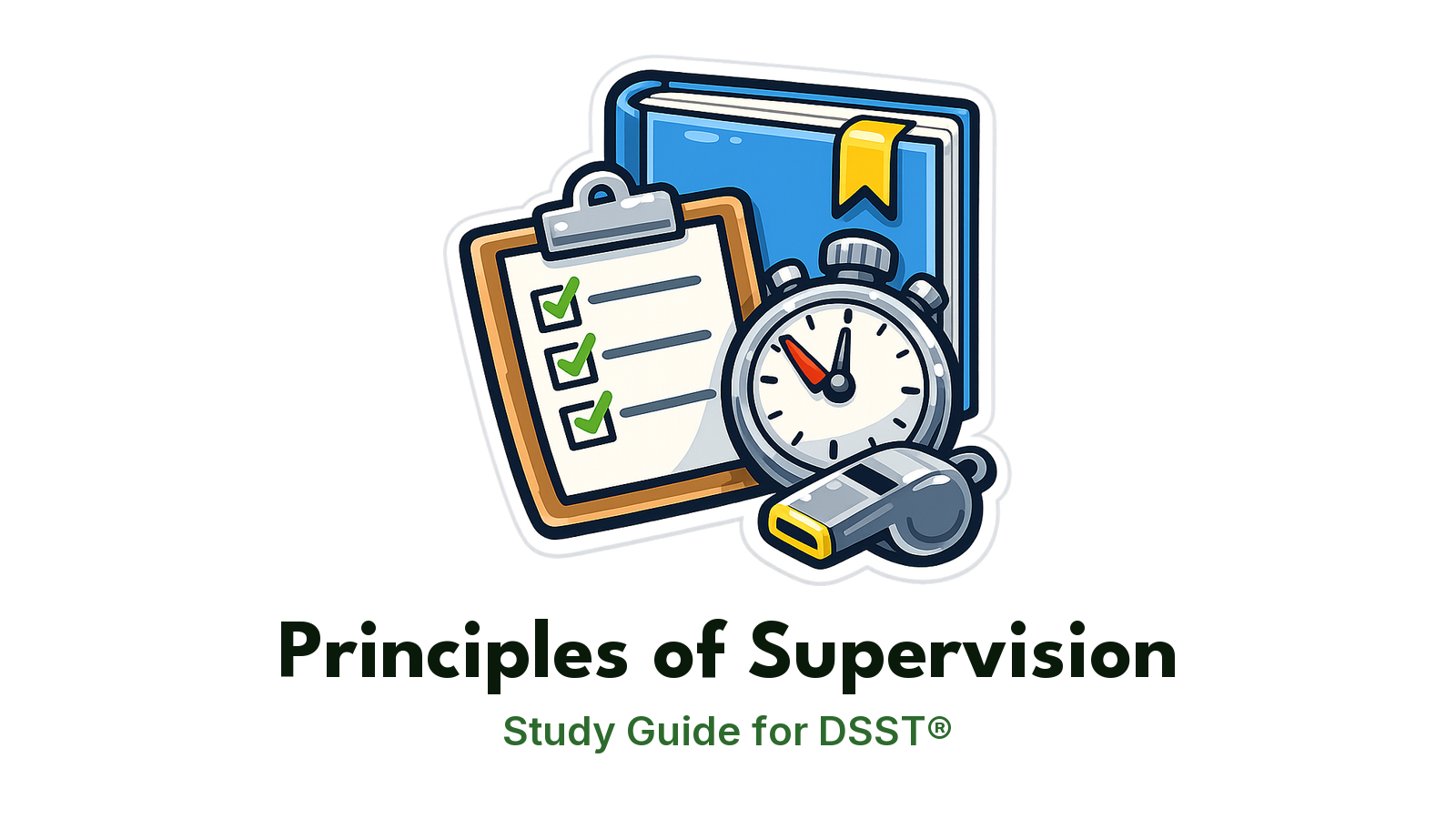 DSST Principles of Supervision study guide: illustration of a clipboard, a stopwatch and a whistle in front of a study booklet