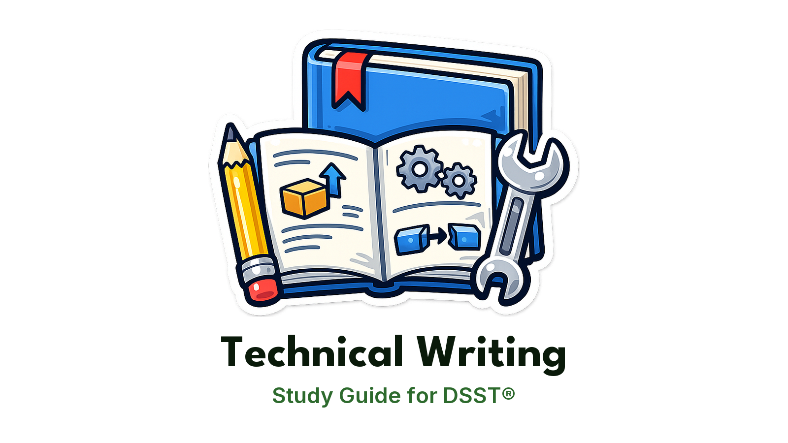 DSST Technical Writing study guide: illustration of a manual with diagrams, a pencil and a wrench in front of a study booklet