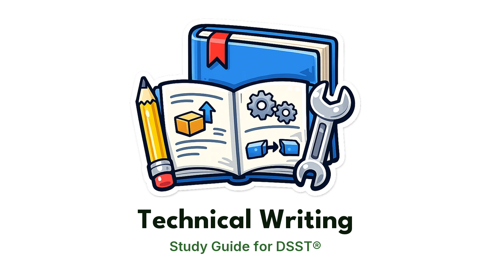 DSST Technical Writing study guide: illustration of a manual with diagrams, a pencil and a wrench in front of a study booklet