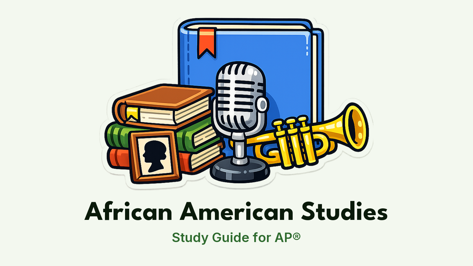 AP® African American Studies study guide: illustration of history books, a microphone and a jazz trumpet in front of a study booklet