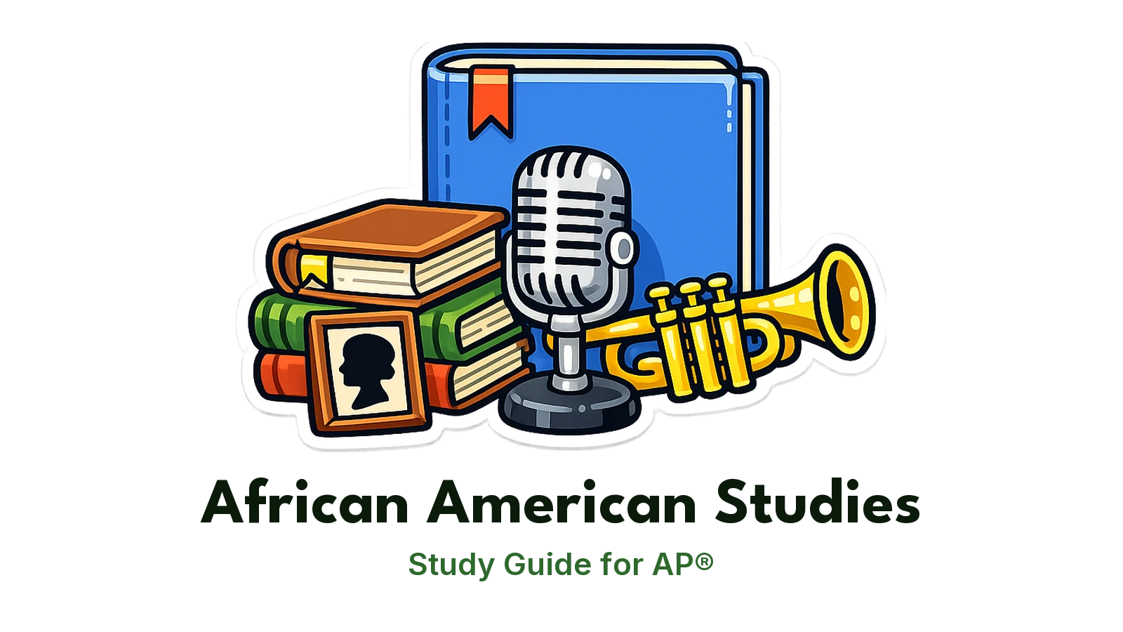 AP® African American Studies study guide: illustration of history books, a microphone and a jazz trumpet in front of a study booklet