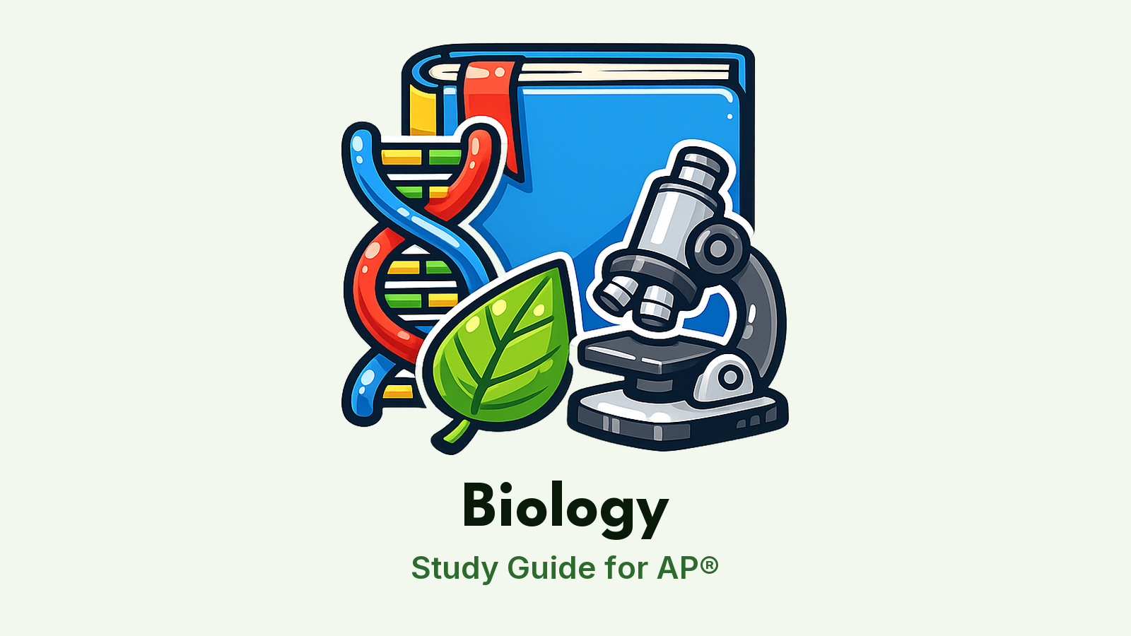 AP® Biology study guide: illustration of a DNA helix, a leaf and a microscope in front of a study booklet