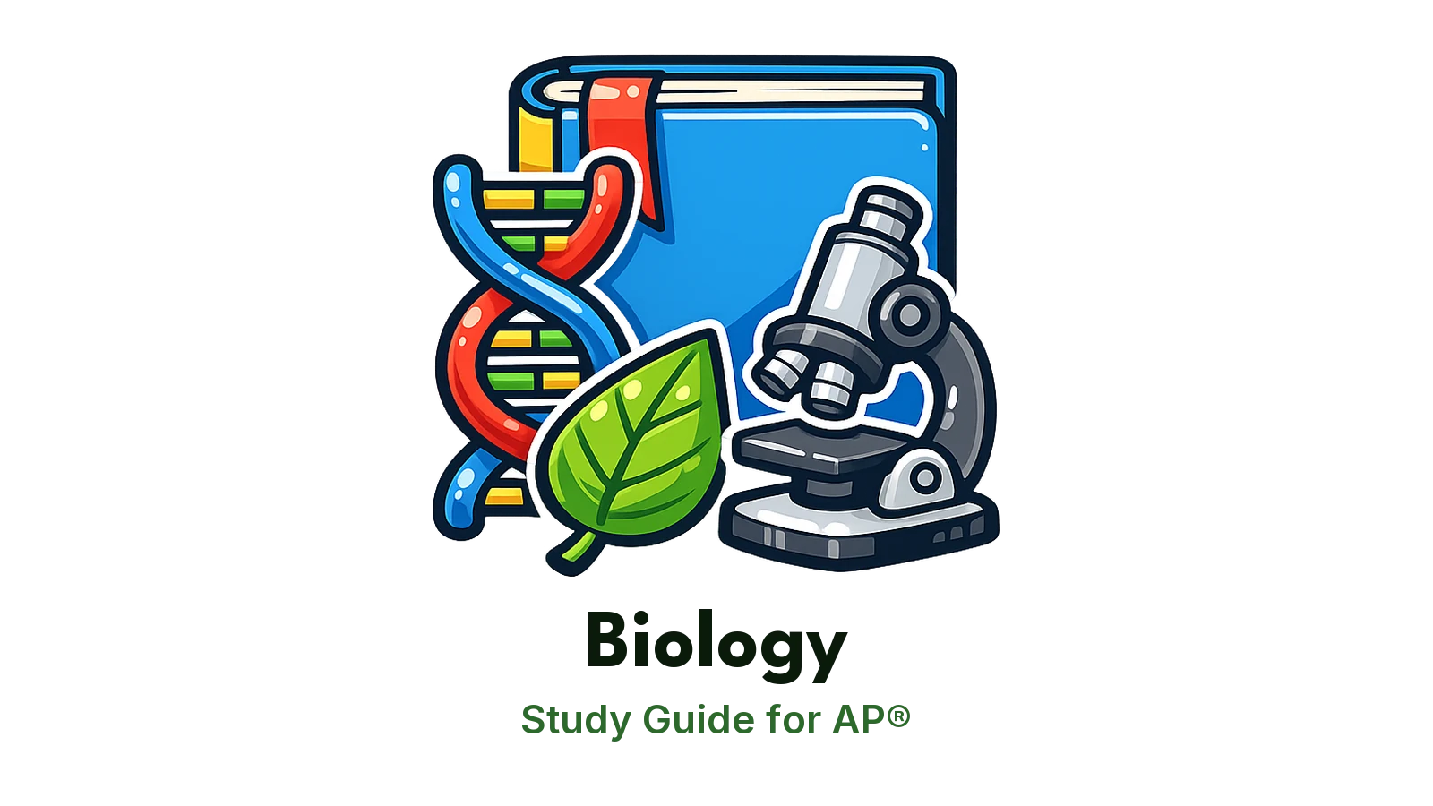 AP® Biology study guide: illustration of a DNA helix, a leaf and a microscope in front of a study booklet