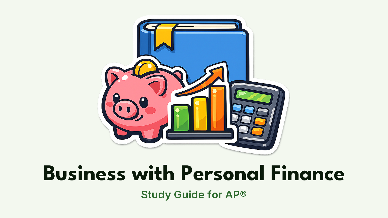 AP® Business with Personal Finance study guide: illustration of a piggy bank, a bar chart and a calculator in front of a study booklet