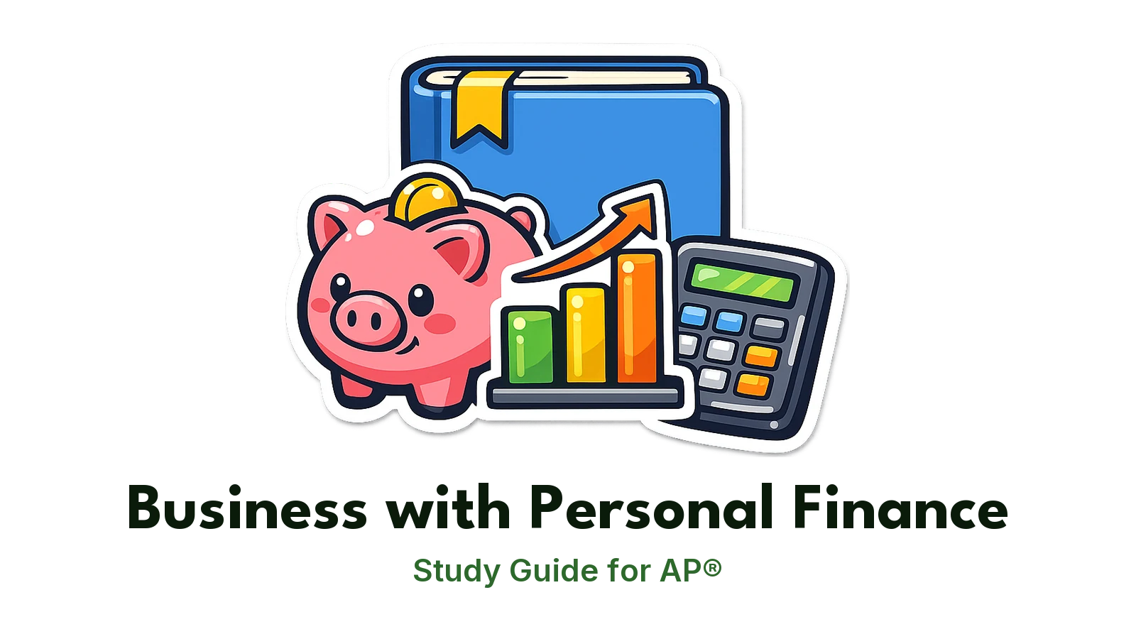 AP® Business with Personal Finance study guide: illustration of a piggy bank, a bar chart and a calculator in front of a study booklet