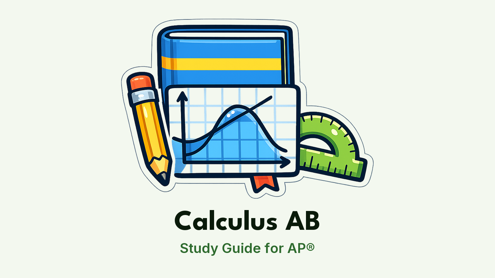 AP® Calculus AB study guide: illustration of a curve with a tangent line, a pencil and a protractor in front of a study booklet