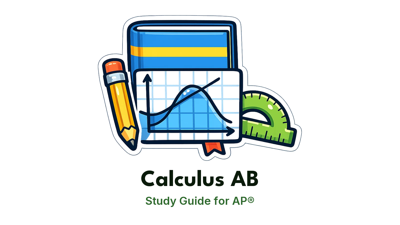 AP® Calculus AB study guide: illustration of a curve with a tangent line, a pencil and a protractor in front of a study booklet