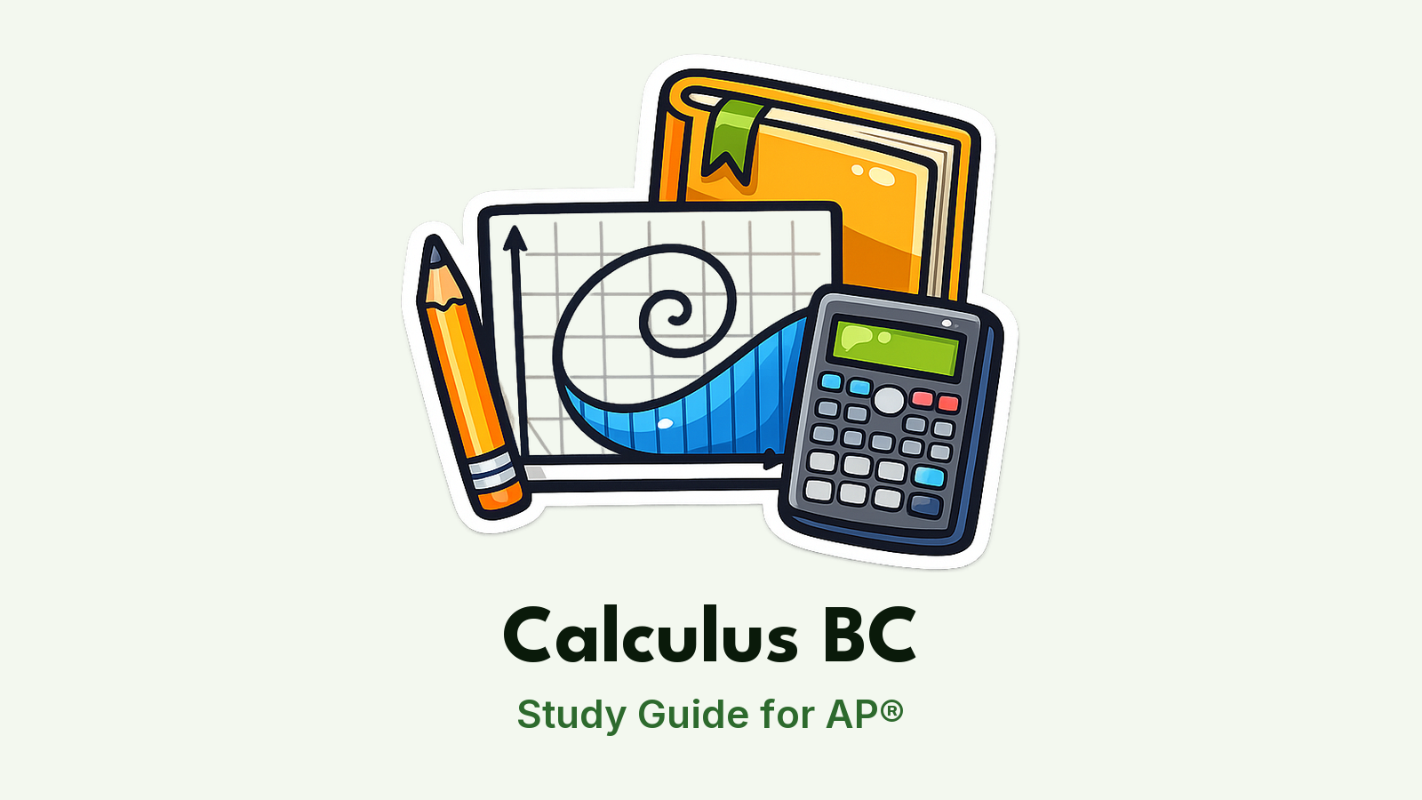 AP® Calculus BC study guide: illustration of a spiral, an area under a curve and a graphing calculator in front of a study booklet