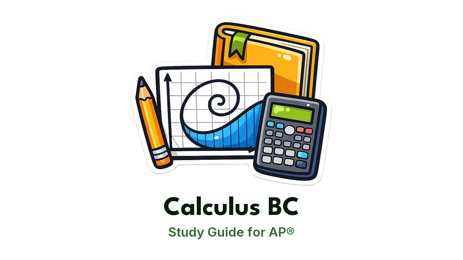AP® Calculus BC study guide: illustration of a spiral, an area under a curve and a graphing calculator in front of a study booklet