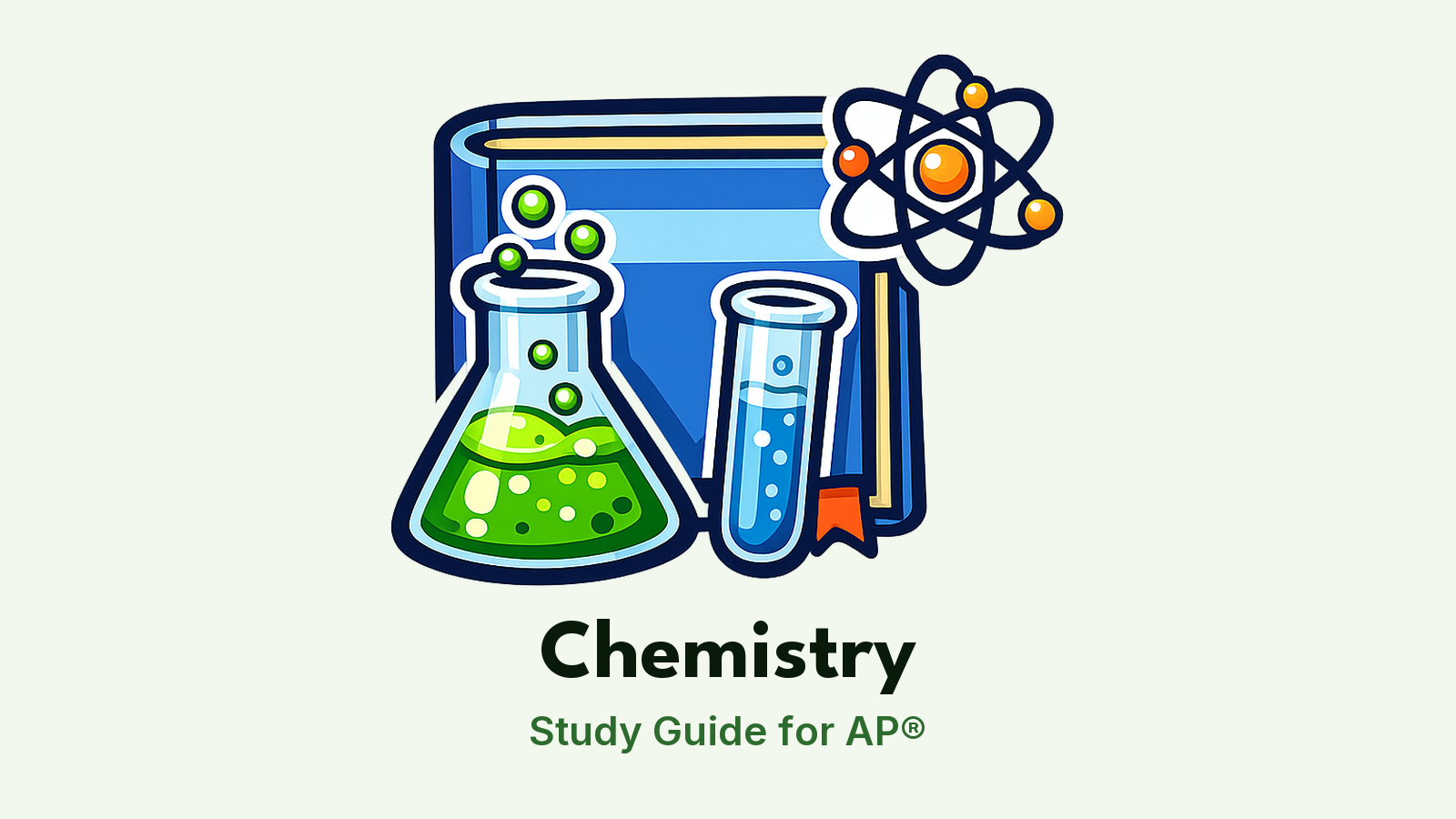 AP® Chemistry study guide: illustration of a flask, a test tube and an atom in front of a study booklet