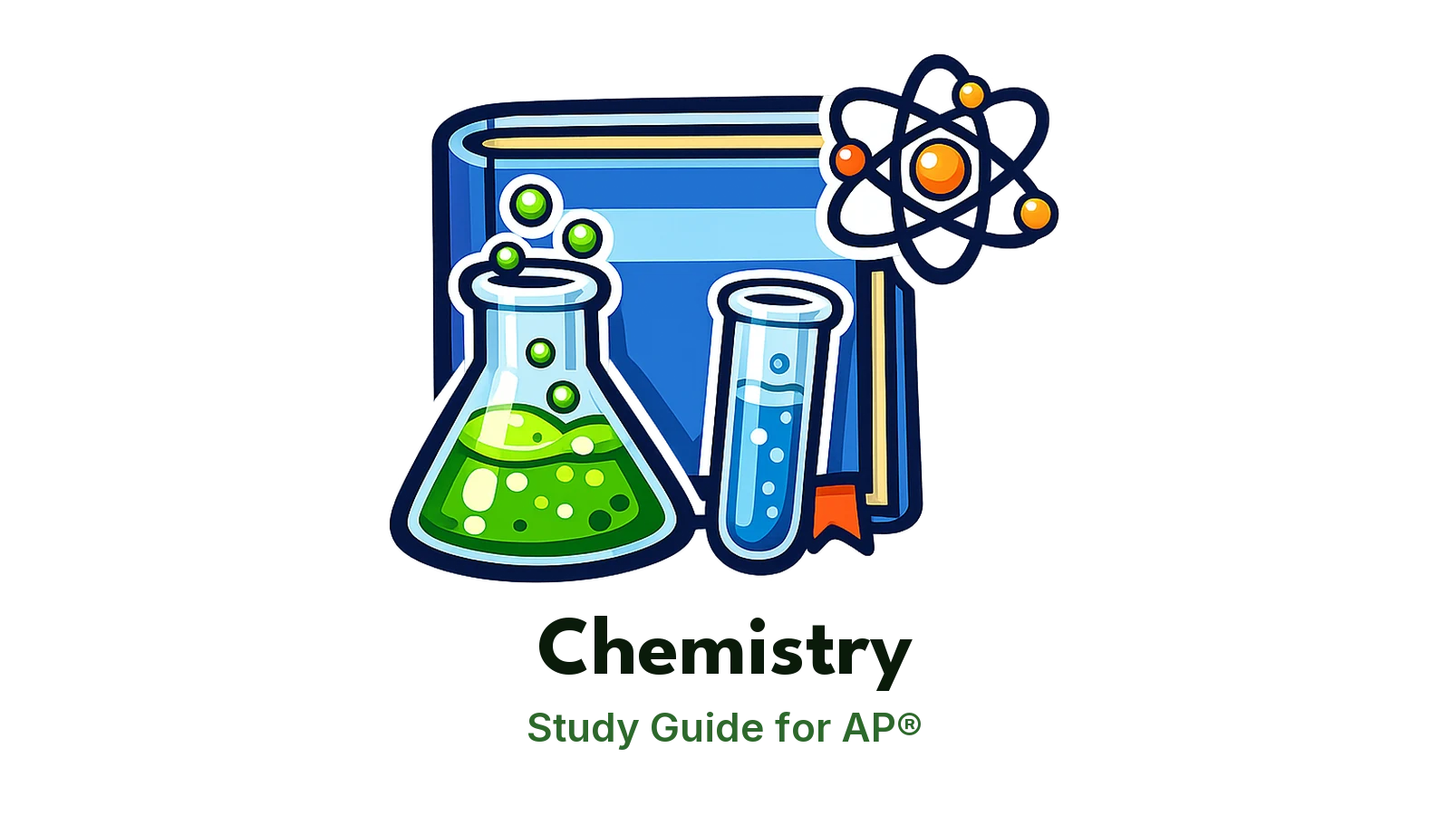 AP® Chemistry study guide: illustration of a flask, a test tube and an atom in front of a study booklet