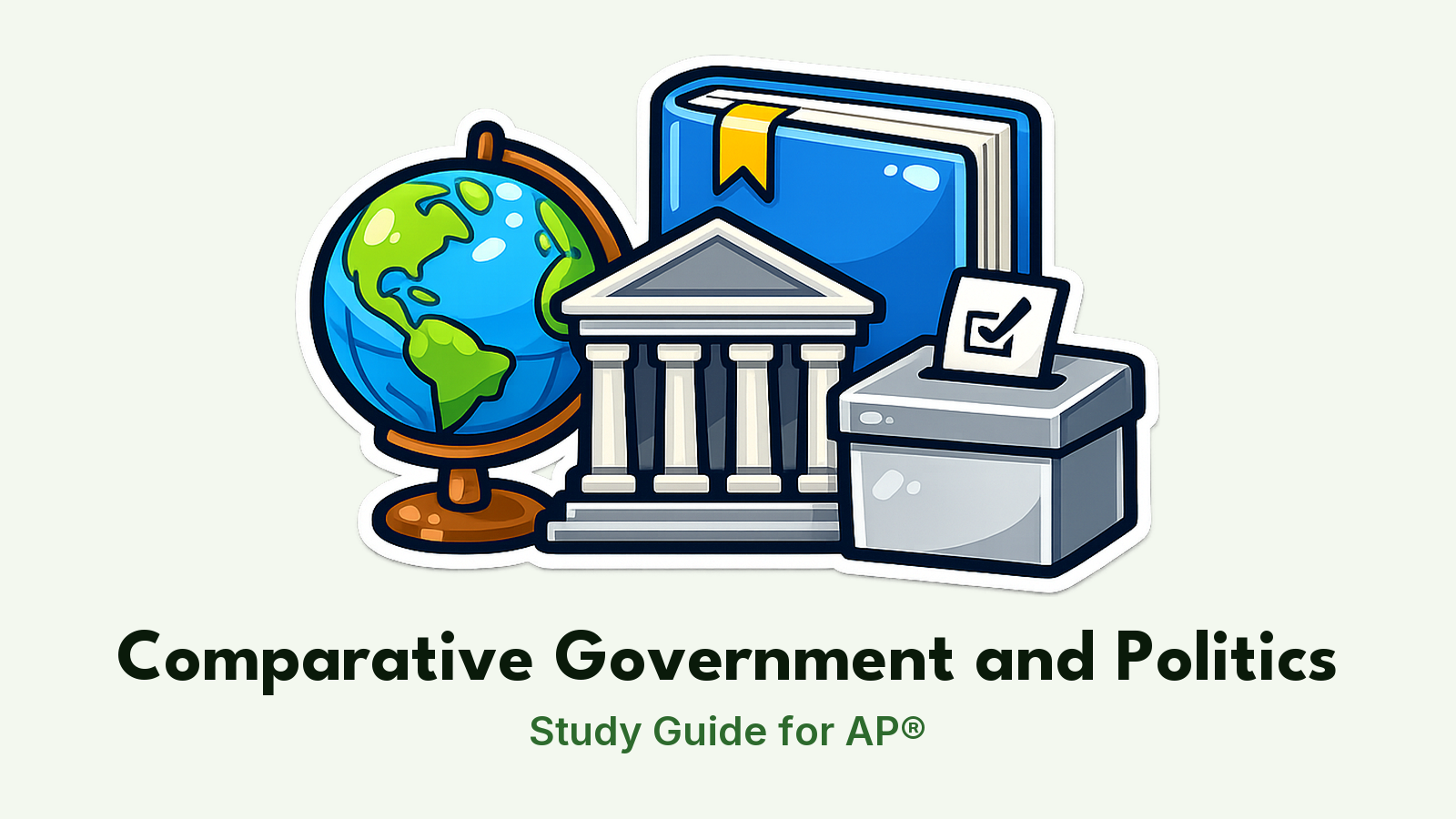 AP® Comparative Government and Politics study guide: illustration of a globe, a government building and a ballot box in front of a study booklet