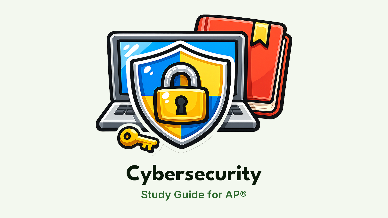 AP® Cybersecurity study guide: illustration of a shield with a padlock, a laptop and a key in front of a study booklet