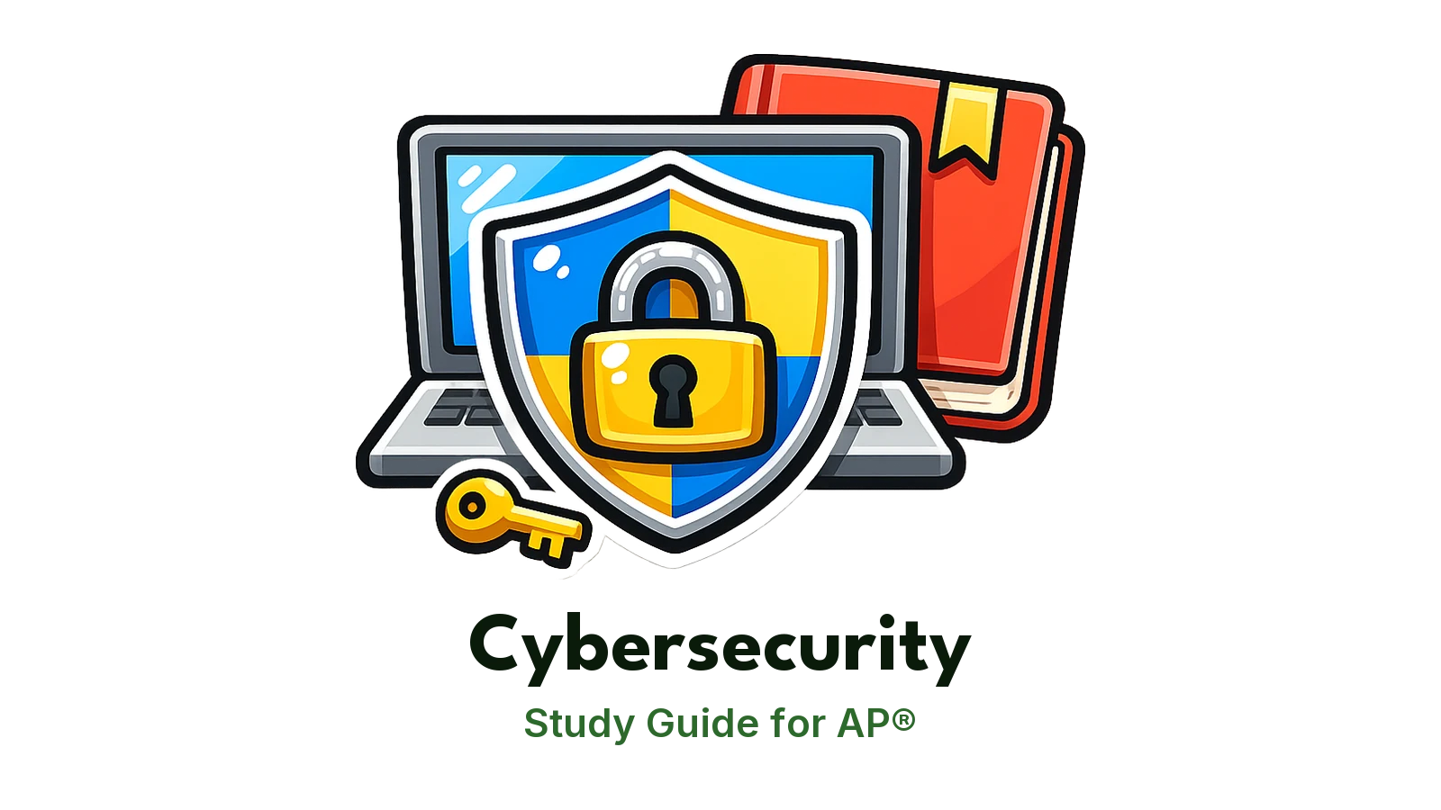 AP® Cybersecurity study guide: illustration of a shield with a padlock, a laptop and a key in front of a study booklet