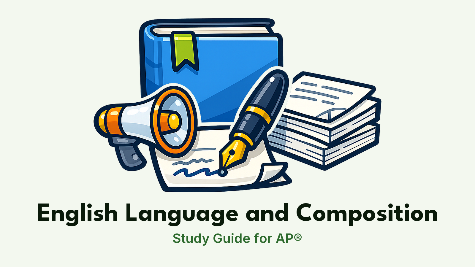 AP® English Language and Composition study guide: illustration of a fountain pen, a megaphone and essays in front of a study booklet