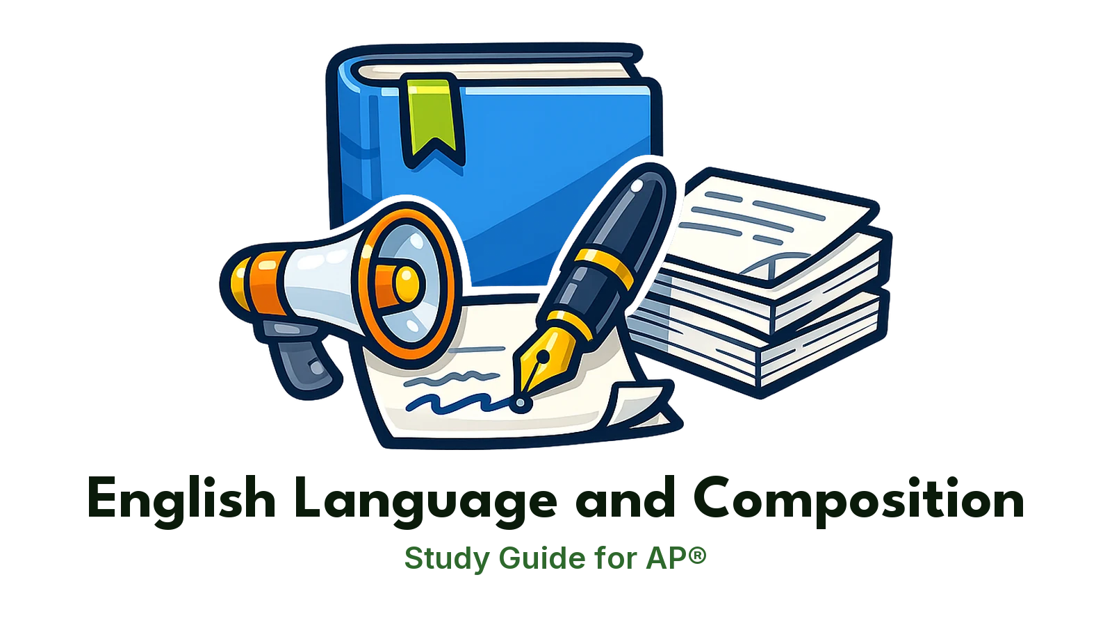 AP® English Language and Composition study guide: illustration of a fountain pen, a megaphone and essays in front of a study booklet