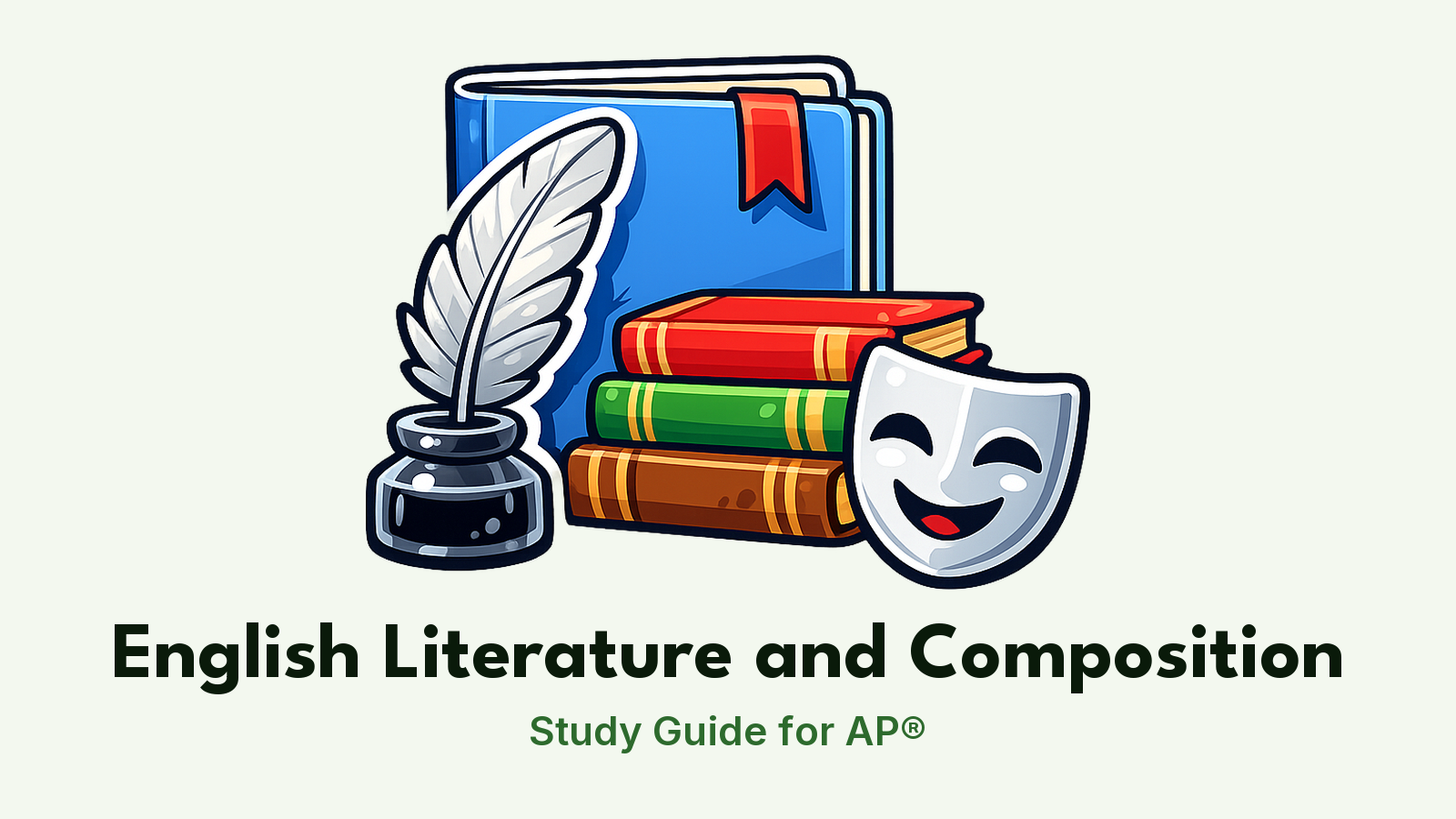 AP® English Literature and Composition study guide: illustration of a quill, classic novels and a theatre mask in front of a study booklet