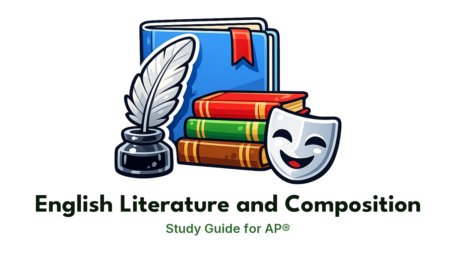 AP® English Literature and Composition study guide: illustration of a quill, classic novels and a theatre mask in front of a study booklet