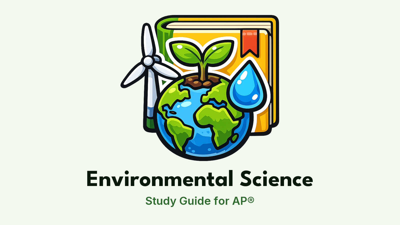 AP® Environmental Science study guide: illustration of the Earth with a plant, a wind turbine and a water drop in front of a study booklet