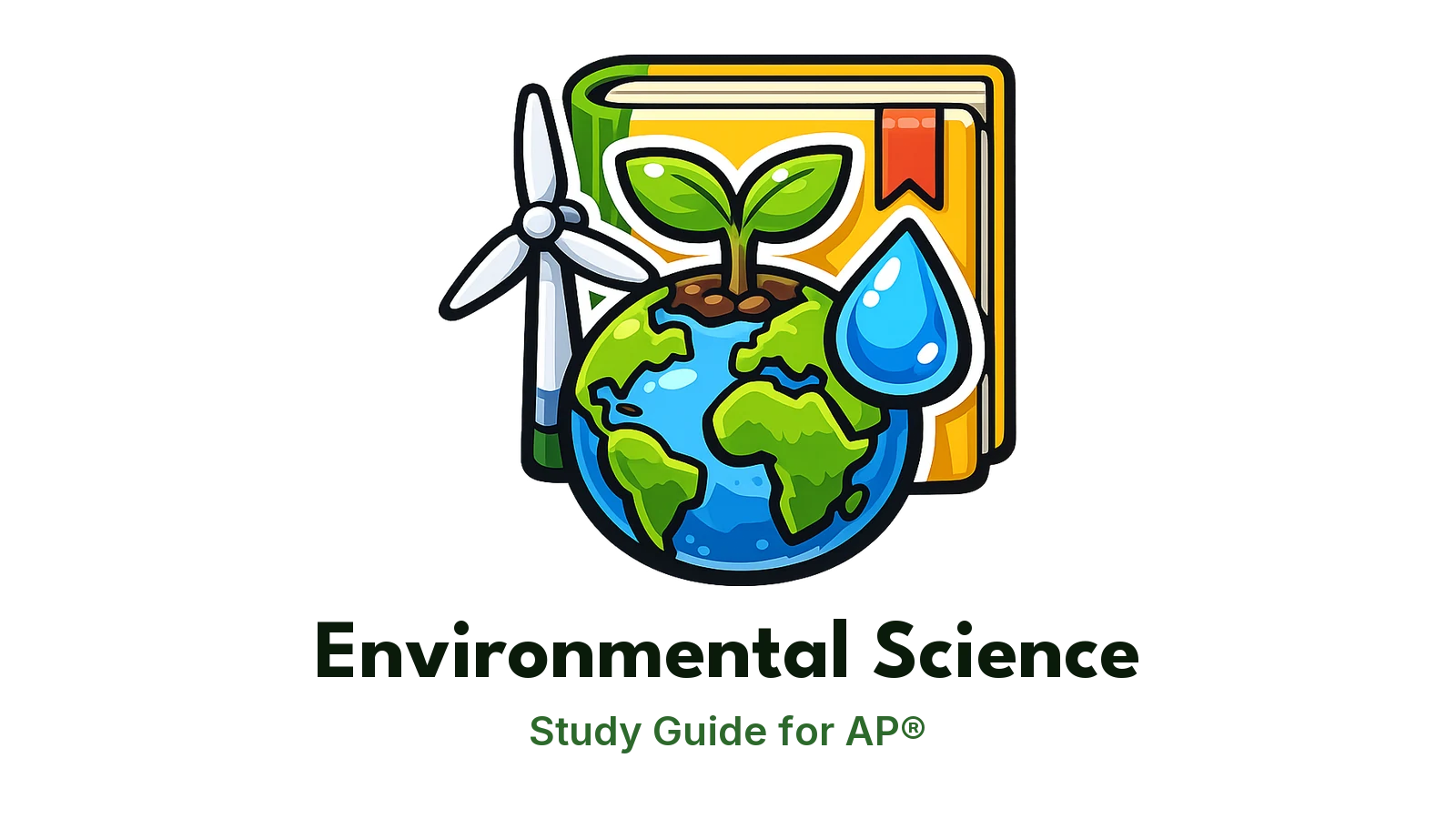 AP® Environmental Science study guide: illustration of the Earth with a plant, a wind turbine and a water drop in front of a study booklet