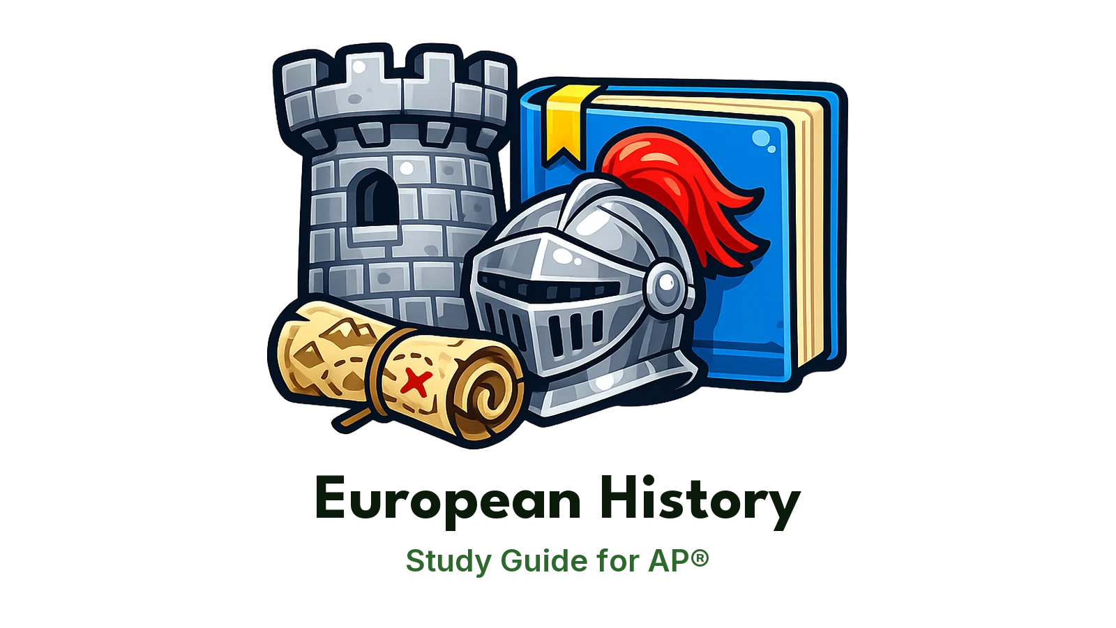 AP® European History study guide: illustration of a castle tower, a knight's helmet and an old map in front of a study booklet