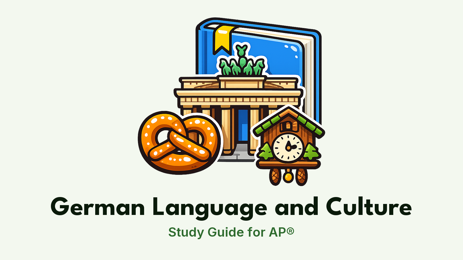 AP® German Language and Culture study guide: illustration of the Brandenburg Gate, a pretzel and a cuckoo clock in front of a study booklet