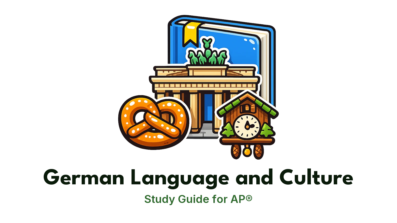 AP® German Language and Culture study guide: illustration of the Brandenburg Gate, a pretzel and a cuckoo clock in front of a study booklet