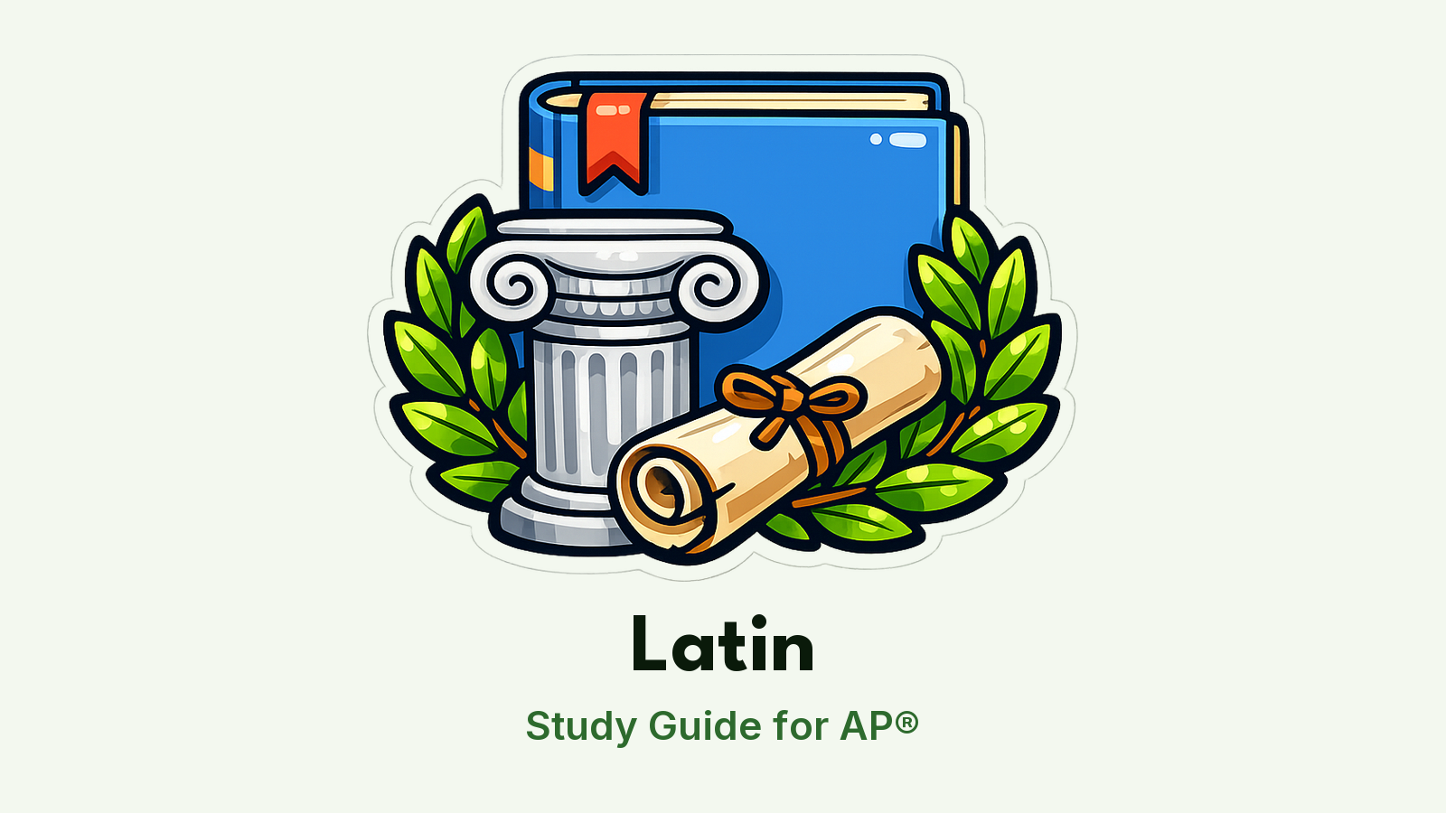 AP® Latin study guide: illustration of a laurel wreath, a Roman column and a scroll in front of a study booklet