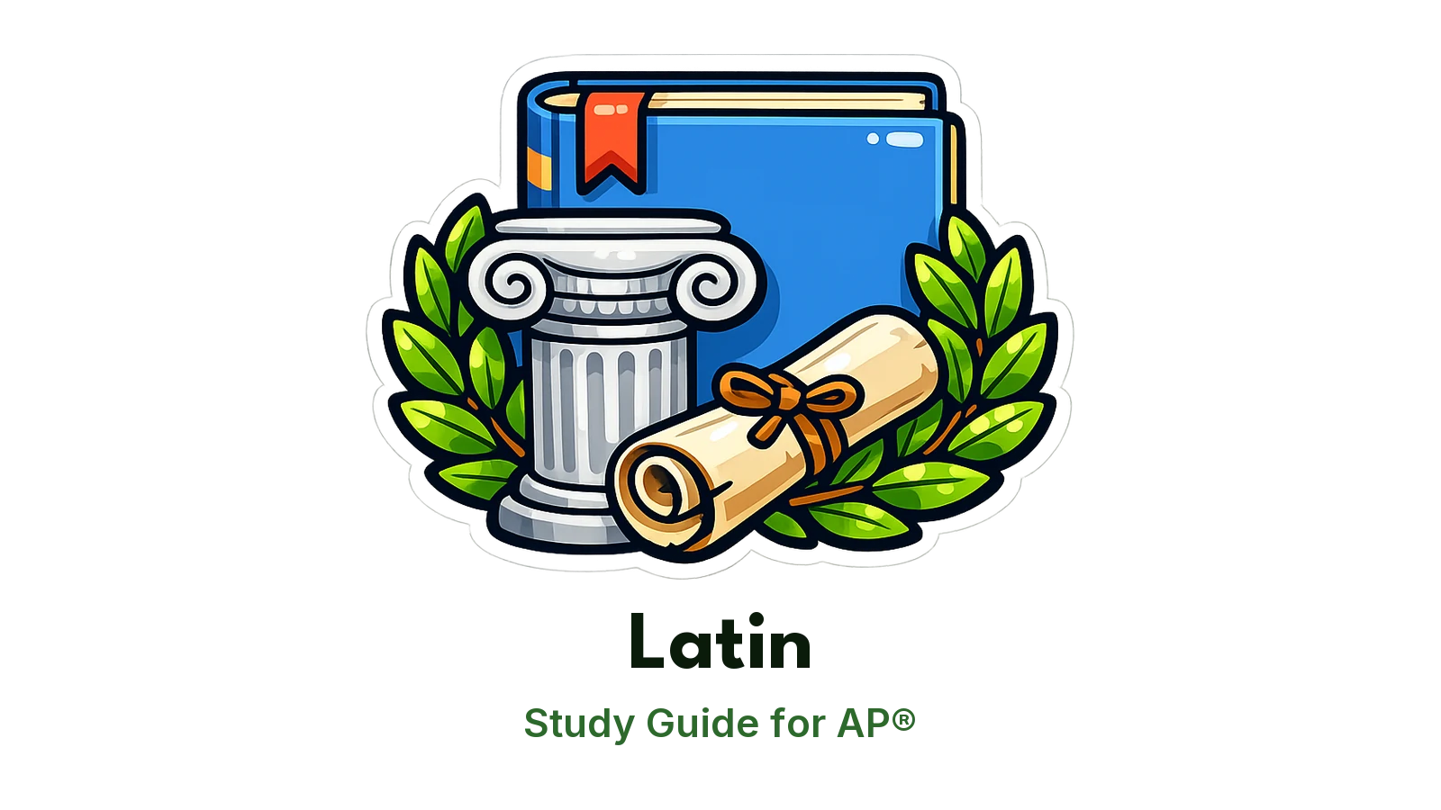 AP® Latin study guide: illustration of a laurel wreath, a Roman column and a scroll in front of a study booklet