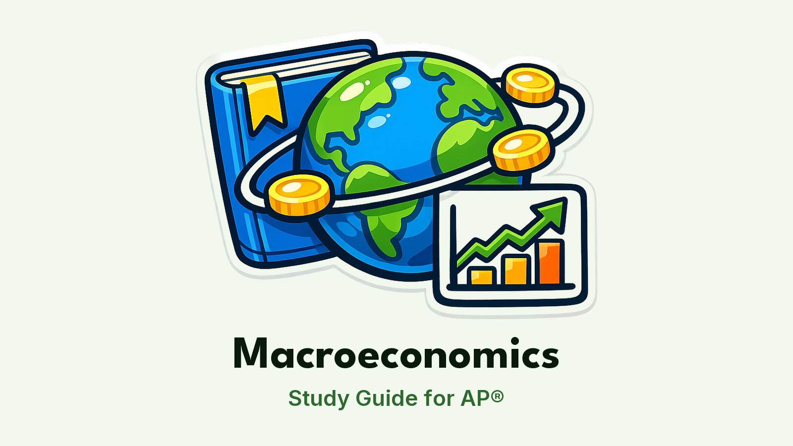 AP® Macroeconomics study guide: illustration of a globe with coins and a line chart in front of a study booklet
