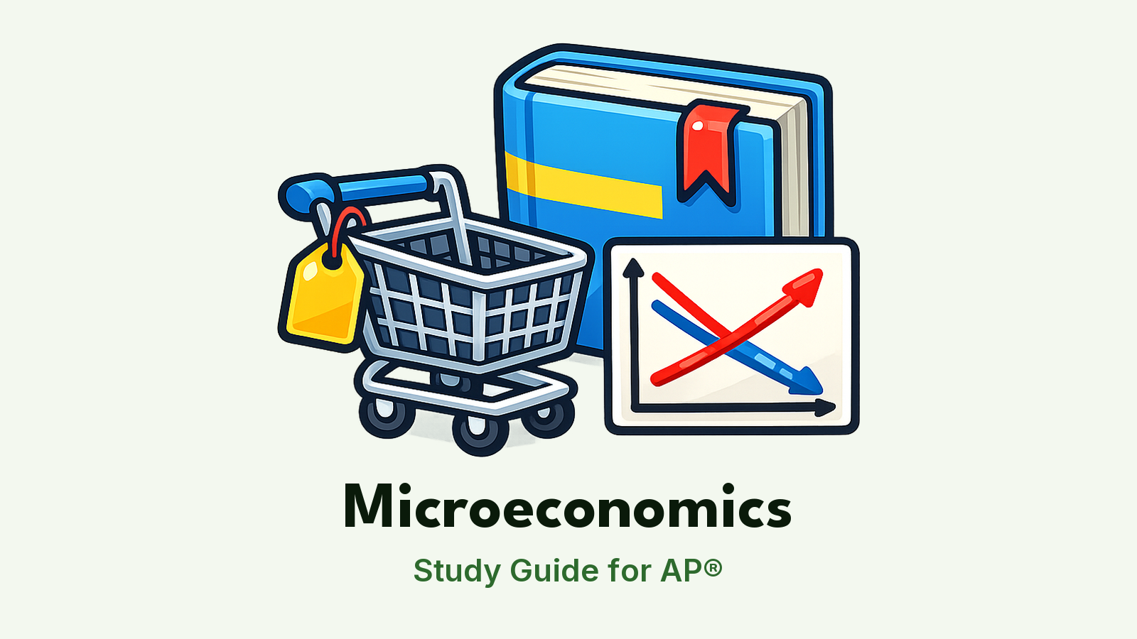AP® Microeconomics study guide: illustration of a shopping cart, a price tag and a supply and demand chart in front of a study booklet