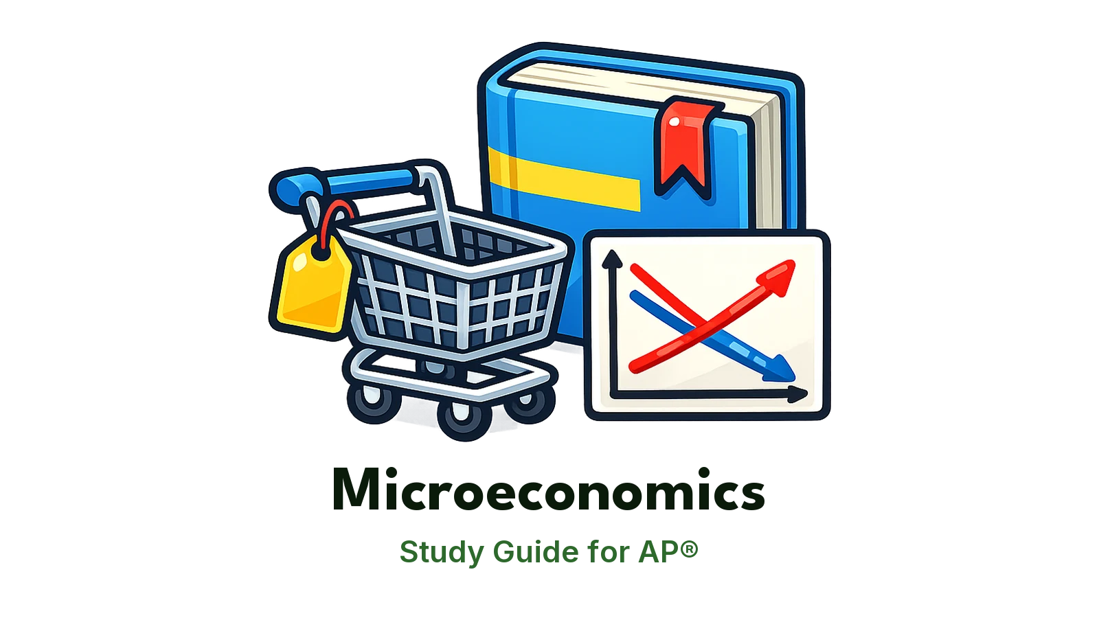AP® Microeconomics study guide: illustration of a shopping cart, a price tag and a supply and demand chart in front of a study booklet