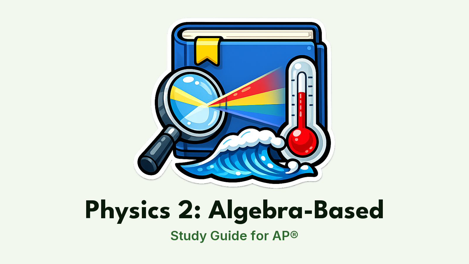 AP® Physics 2: Algebra-Based study guide: illustration of a lens bending light, a thermometer and a wave in front of a study booklet